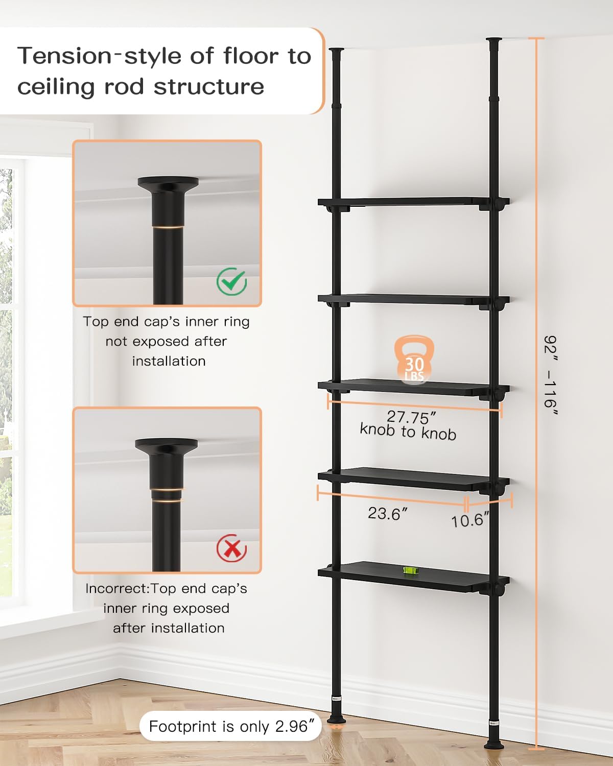 AZ07 5 Tiers Narrow Bookshelf with Adjustable Shelves, Tension Mount, Constructed of Metal Poles and Wood Shelves, Pole Fits 92 to 116 Inch Height