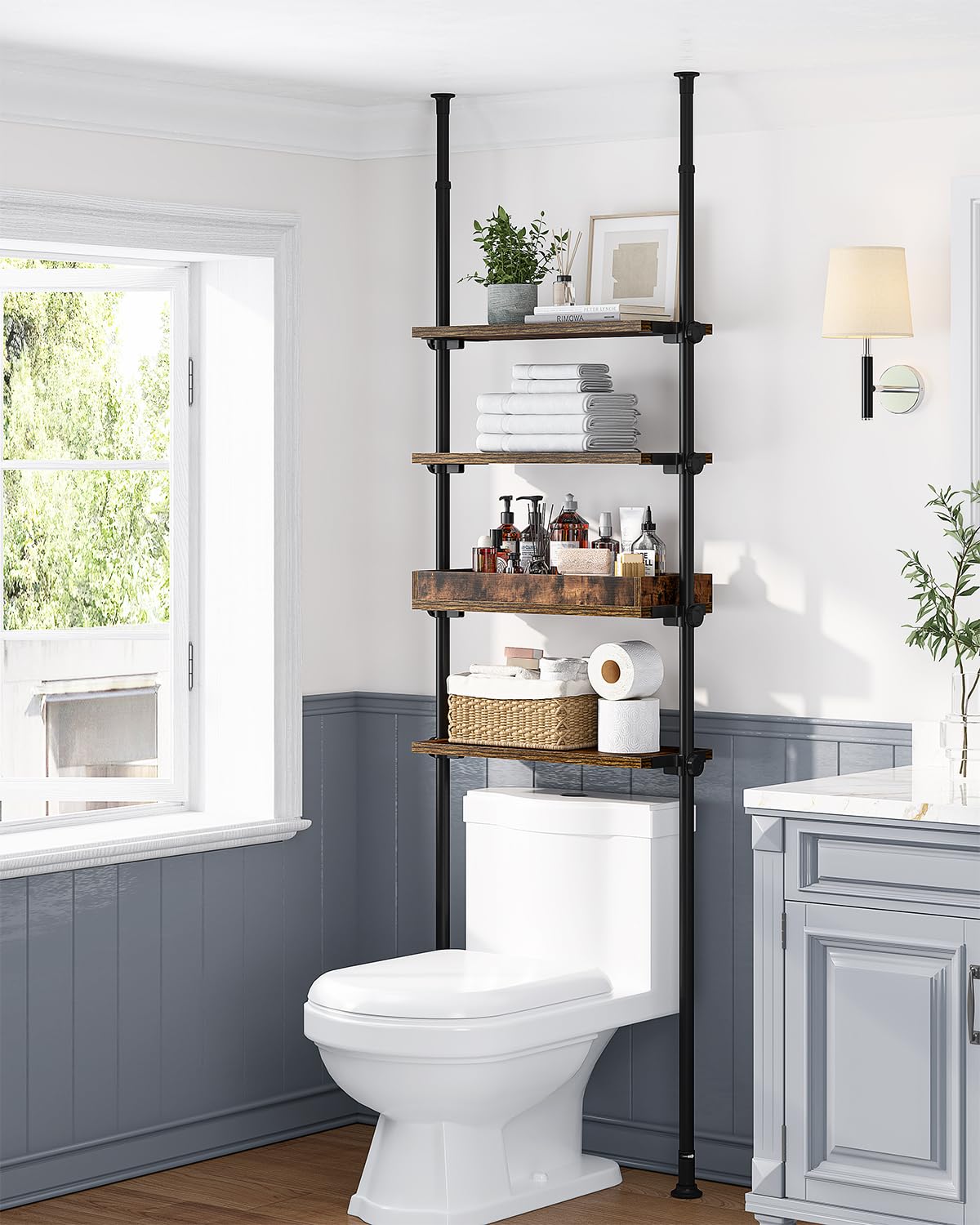 AZ06 4-Tier Over the Toilet Storage with Adjustable Shelves, Tension Mount, Constructed of Metal Poles and Wood Shelves, Pole Fits 92 to 116 Inch Height
