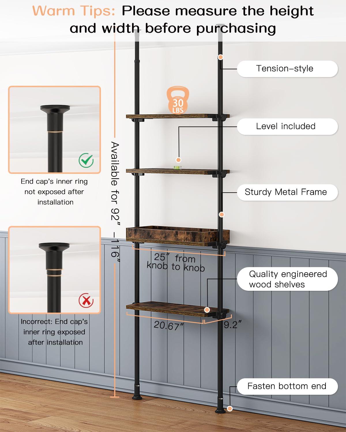 AZ06 4-Tier Over the Toilet Storage with Adjustable Shelves, Tension Mount, Constructed of Metal Poles and Wood Shelves, Pole Fits 92 to 116 Inch Height