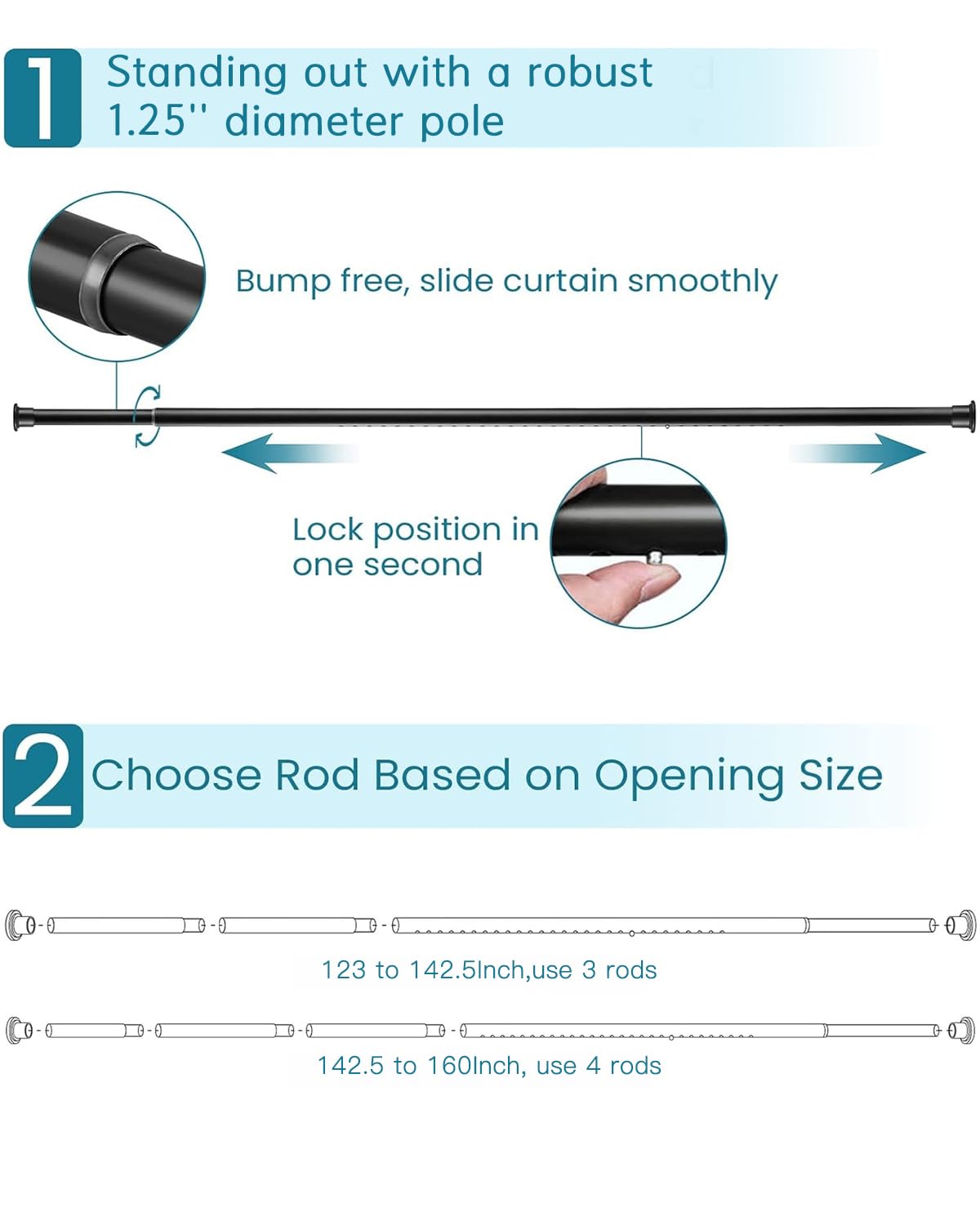 AZ02XL Tension Curtain Rods for Windows,Room Divider,123 to 160 Inches,Spring Loaded with Central Support Bracket Included,Stable