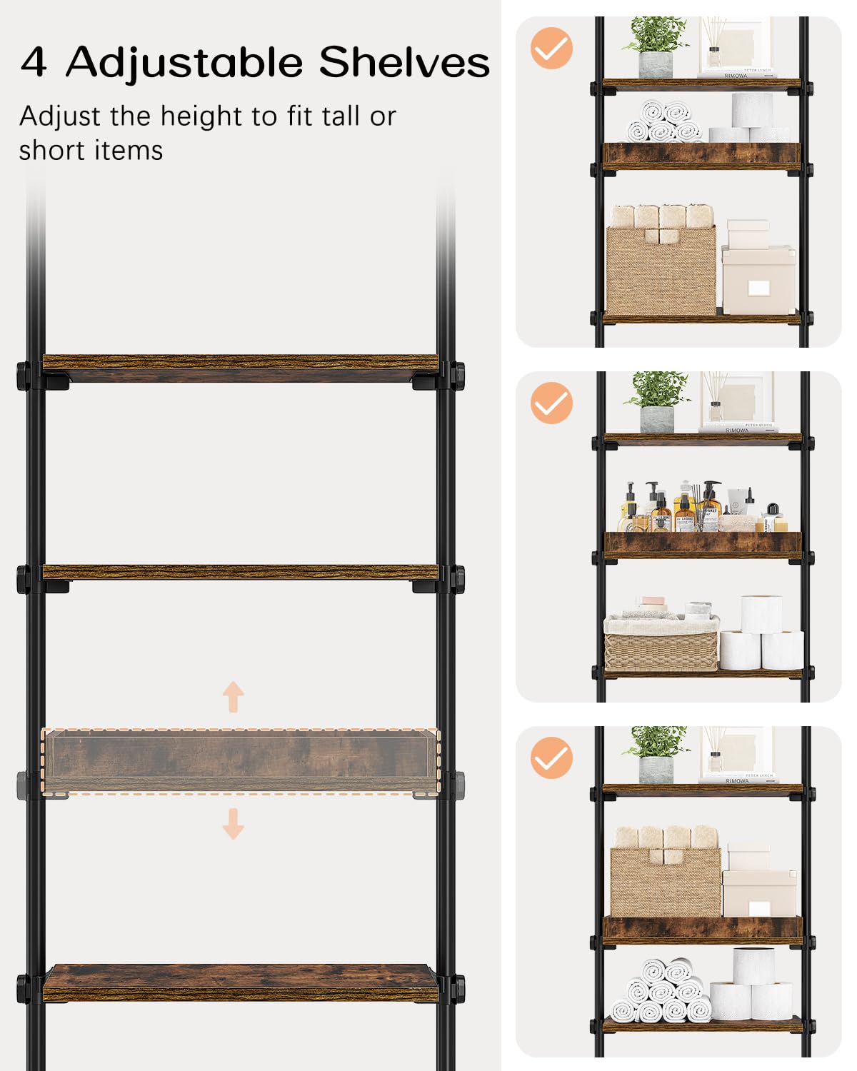 AZ06 4-Tier Over the Toilet Storage with Adjustable Shelves, Tension Mount, Constructed of Metal Poles and Wood Shelves, Pole Fits 92 to 116 Inch Height