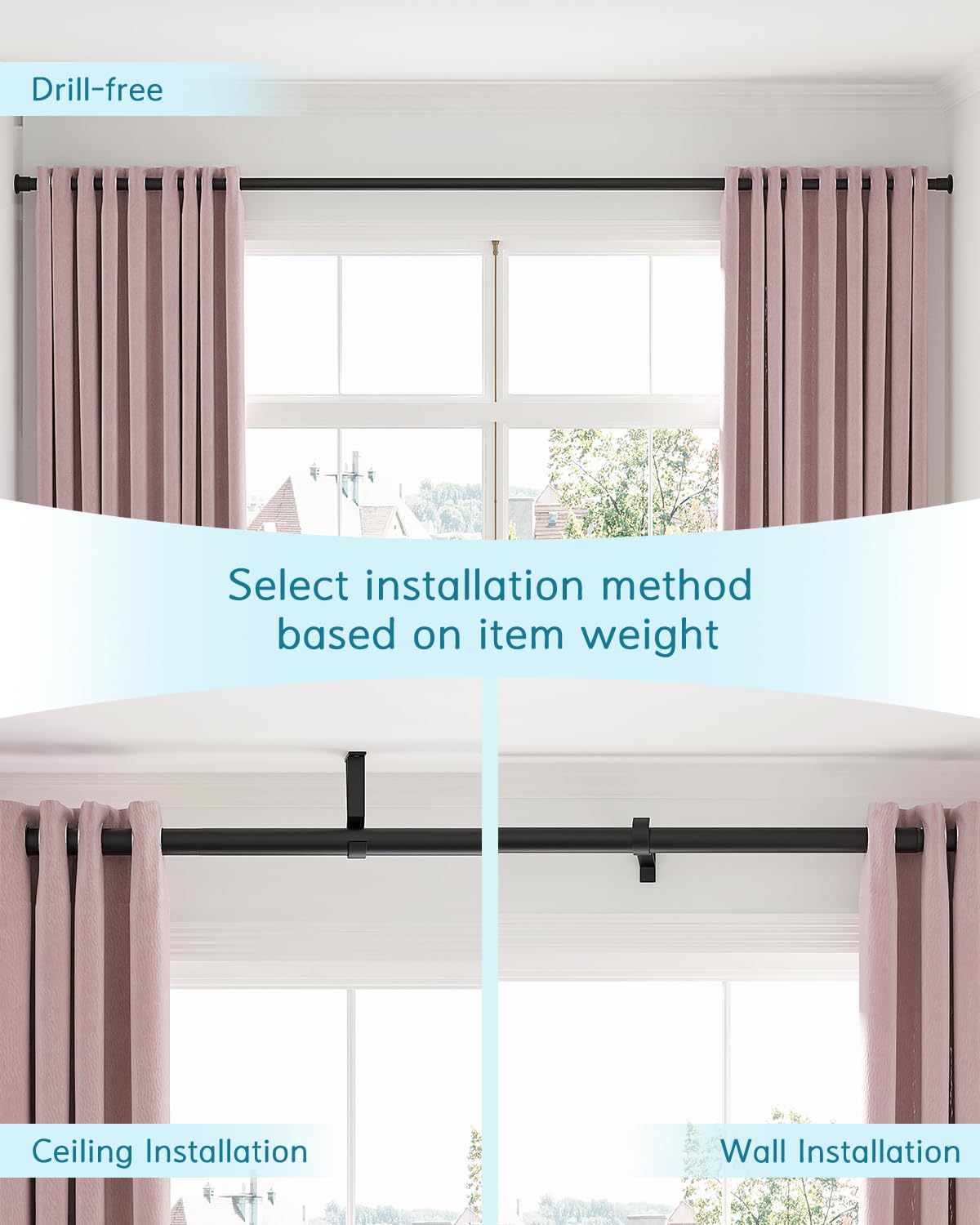 AZ02XL Tension Curtain Rods for Windows,Room Divider,123 to 160 Inches,Spring Loaded with Central Support Bracket Included,Stable
