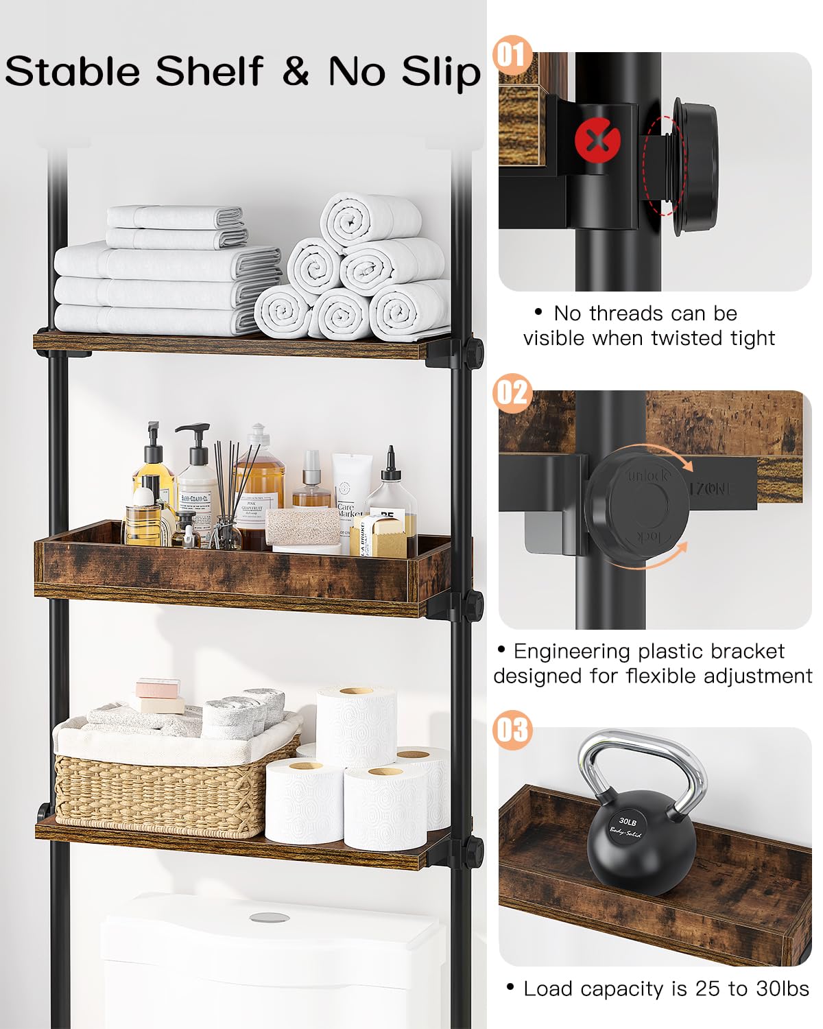 AZ06 4-Tier Over the Toilet Storage with Adjustable Shelves, Tension Mount, Constructed of Metal Poles and Wood Shelves, Pole Fits 92 to 116 Inch Height