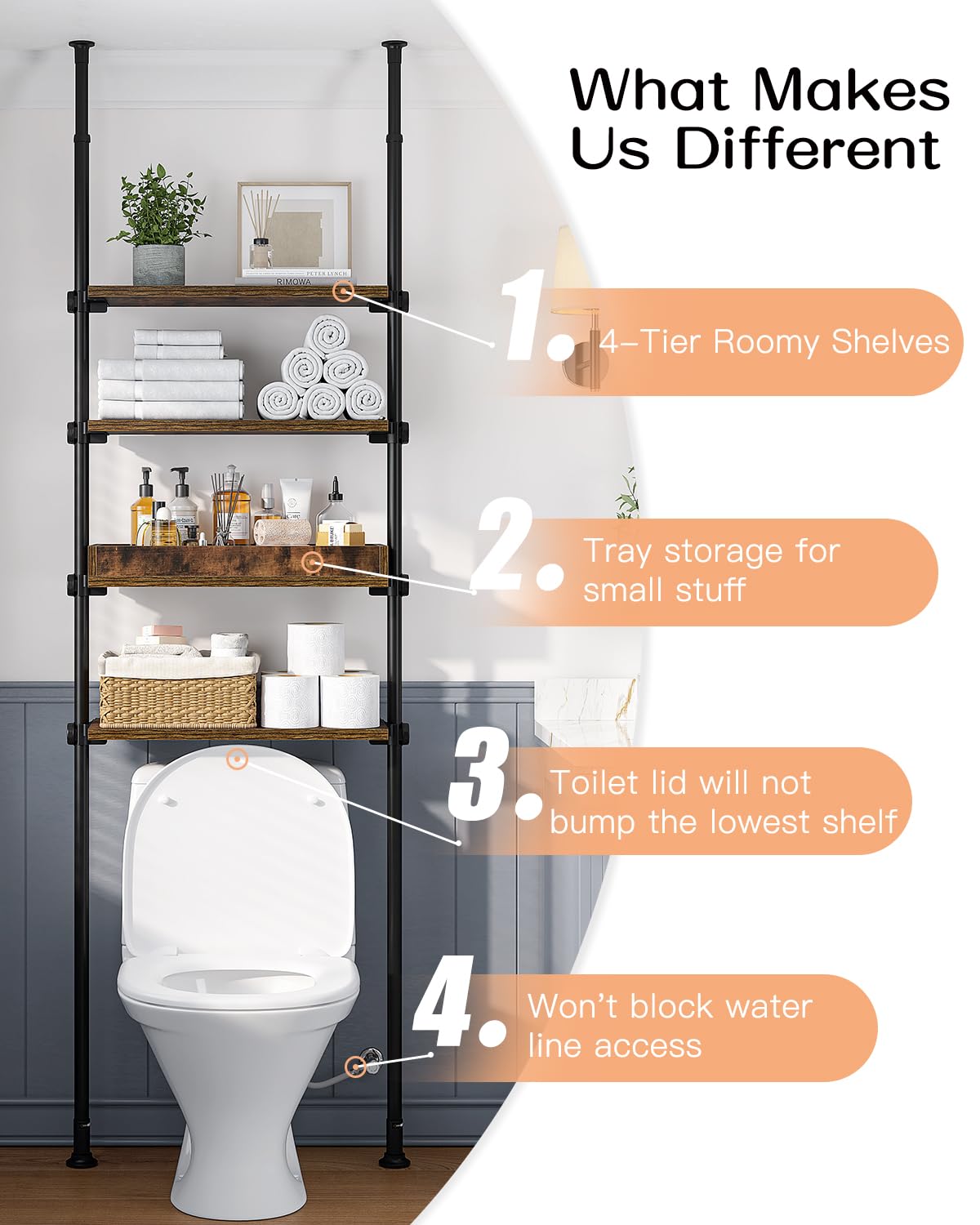 AZ06 4-Tier Over the Toilet Storage with Adjustable Shelves, Tension Mount, Constructed of Metal Poles and Wood Shelves, Pole Fits 92 to 116 Inch Height
