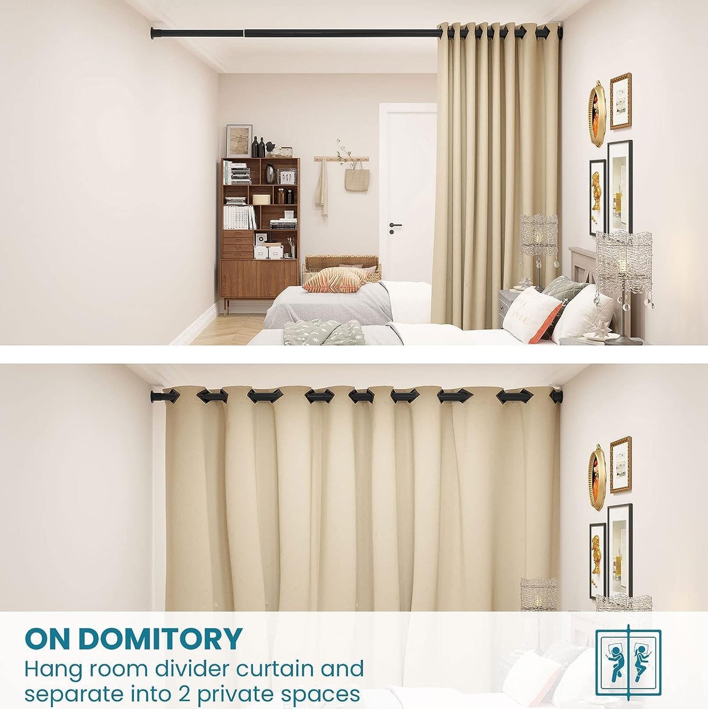 AZ02XL Tension Curtain Rods for Windows,Room Divider,123 to 160 Inches,Spring Loaded with Central Support Bracket Included,Stable
