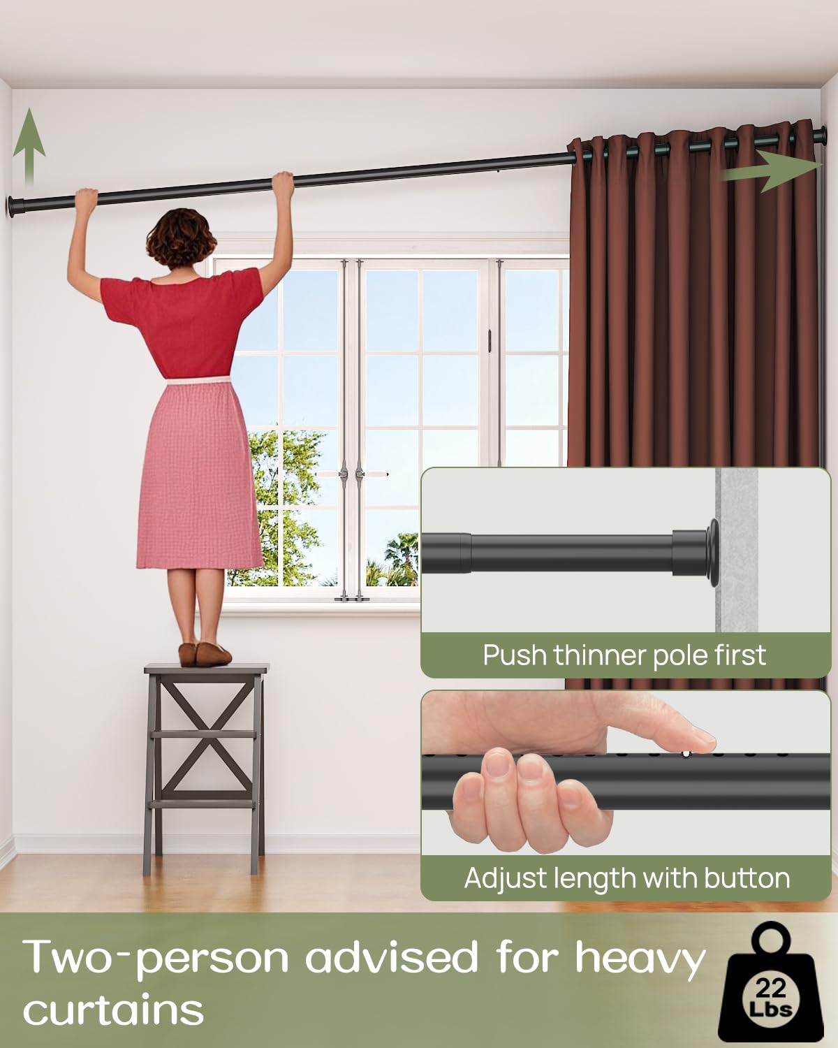 AZ02L Tension Curtain Rods for Windows,Room Divider,83 to 123 Inches,Drill-Free,Spring Loaded,Stable and Anti-Slip