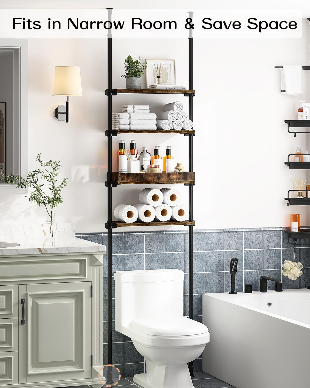 AZ06 4-Tier Over the Toilet Storage with Adjustable Shelves, Tension Mount, Constructed of Metal Poles and Wood Shelves, Pole Fits 92 to 116 Inch Height