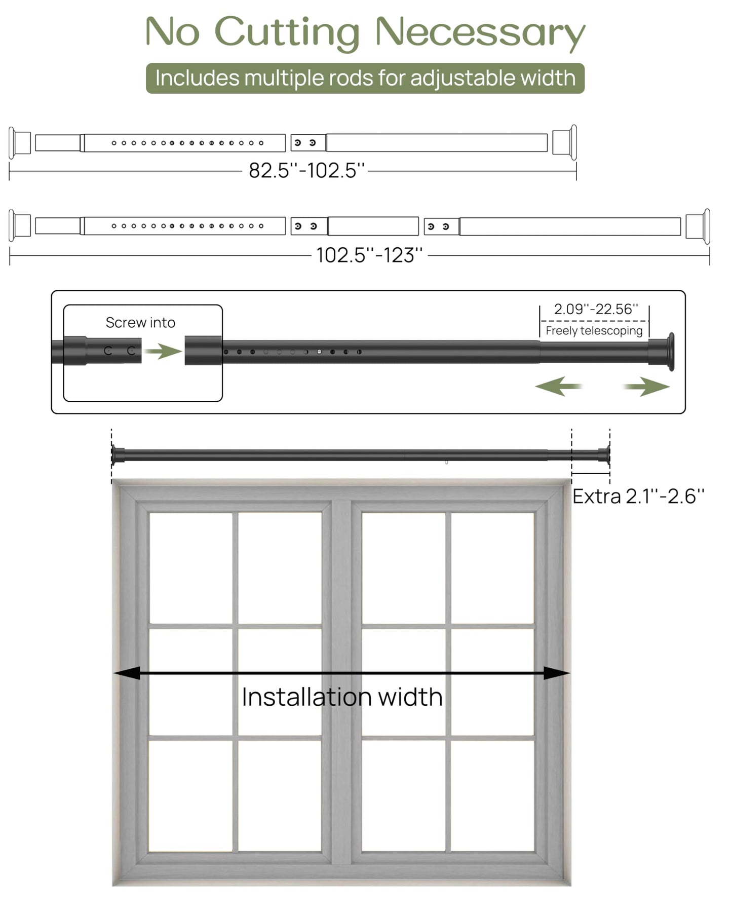 AZ02L Tension Curtain Rods for Windows,Room Divider,83 to 123 Inches,Drill-Free,Spring Loaded,Stable and Anti-Slip