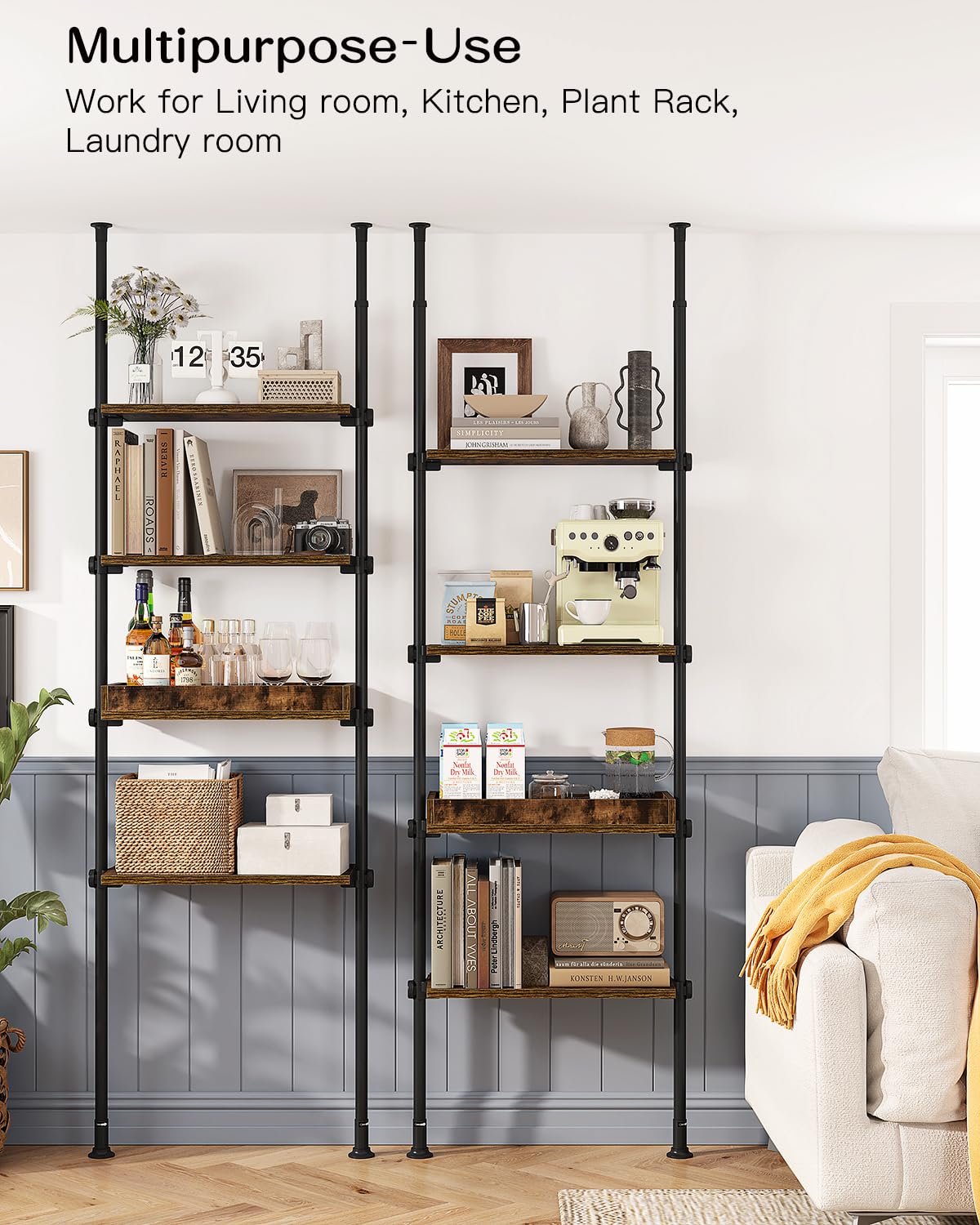 AZ06 4-Tier Over the Toilet Storage with Adjustable Shelves, Tension Mount, Constructed of Metal Poles and Wood Shelves, Pole Fits 92 to 116 Inch Height