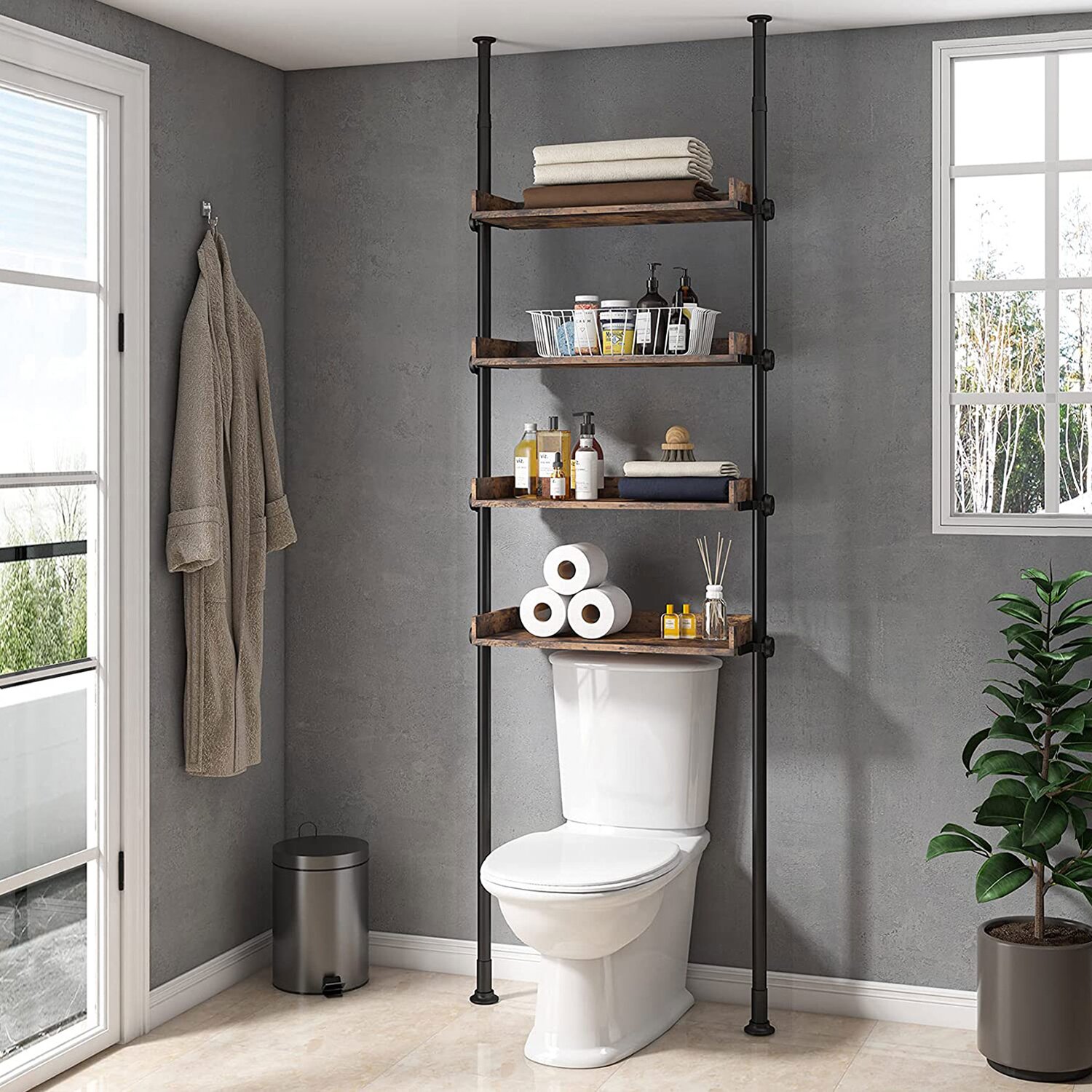 ALLZONE 4 Tier Over The Toilet Storage, Adjustable Wood Over Toilet  Bathroom Organizer, Freestanding Bathroom Shelves Over Toilet, Fit Most  Showers Over The Toilet Shelf, 92 to 116 Inch Tall, Rustic B