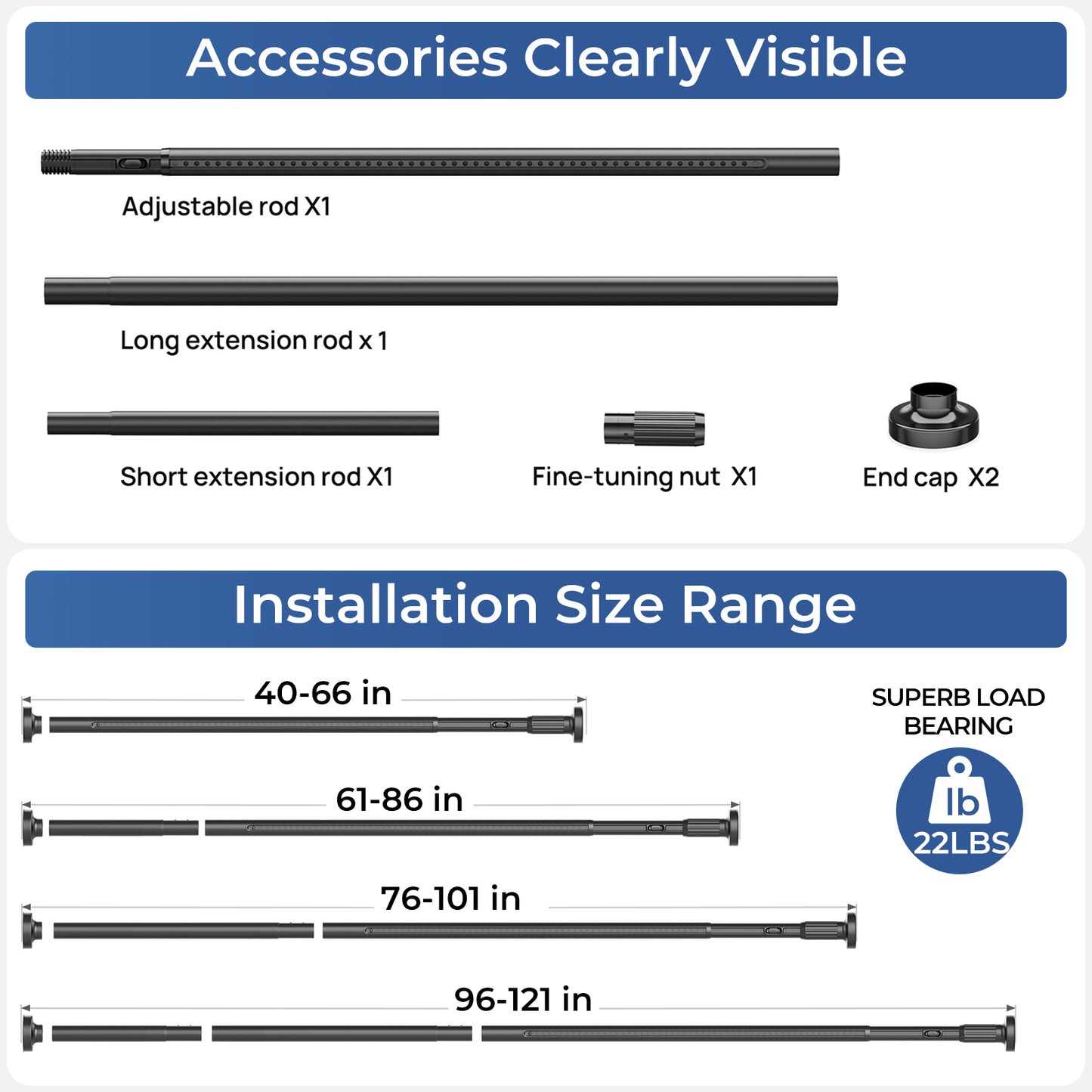 AZ19L ALLZONE Adjustable Tension Curtain Rod, 40-121 inches, Heavy Duty Curtain Rods No Drilling, Anti-Slip Tension Rod for Window, Shower, Outdoor & Patio, Easy to Install, 1.26In Diamete