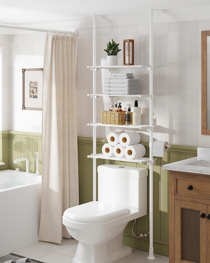 AZ08 4-Tier Over the Toilet Storage, Shelves Wide and Height is Adjustable,Tension Mount, Constructed of Metal Materials, Pole Fits 92 to 116 Inch Height