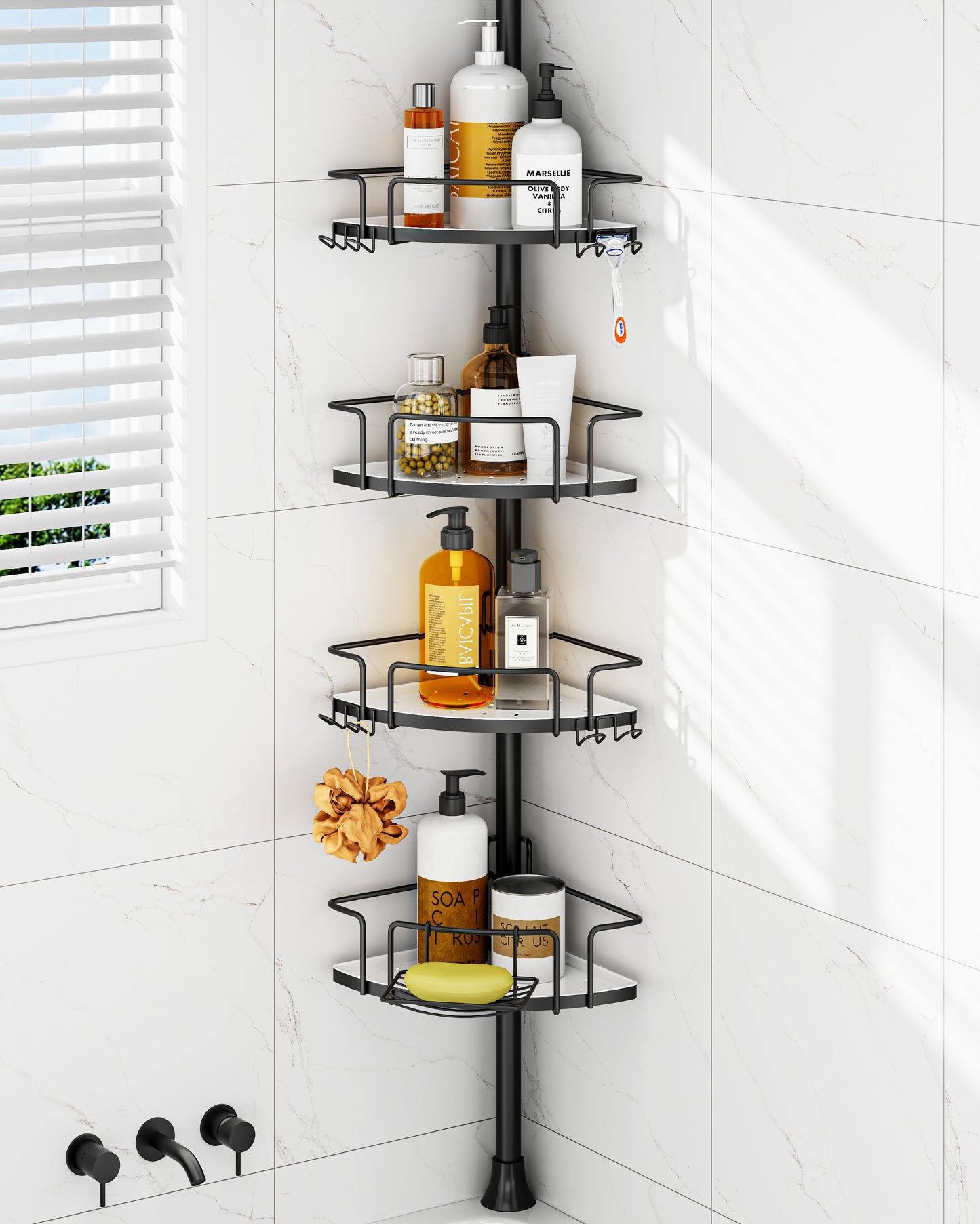 AZ18 Shower Caddy Tension Pole, Rustproof Stainless Steel Poles & 4-Tier Durable/Adjustable Shelves, Fit 34 to 116 Inch Height