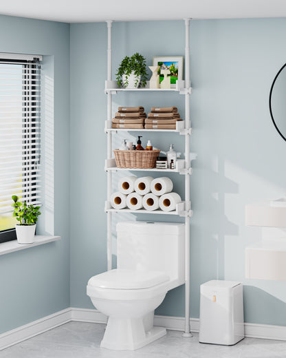 AZ05 4-Tier Over the Toilet Storage with Adjustable Shelves,Tension Mount, Constructed of Metal Poles and Wood Shelves, Pole Fits 92 to 116 Inch Height