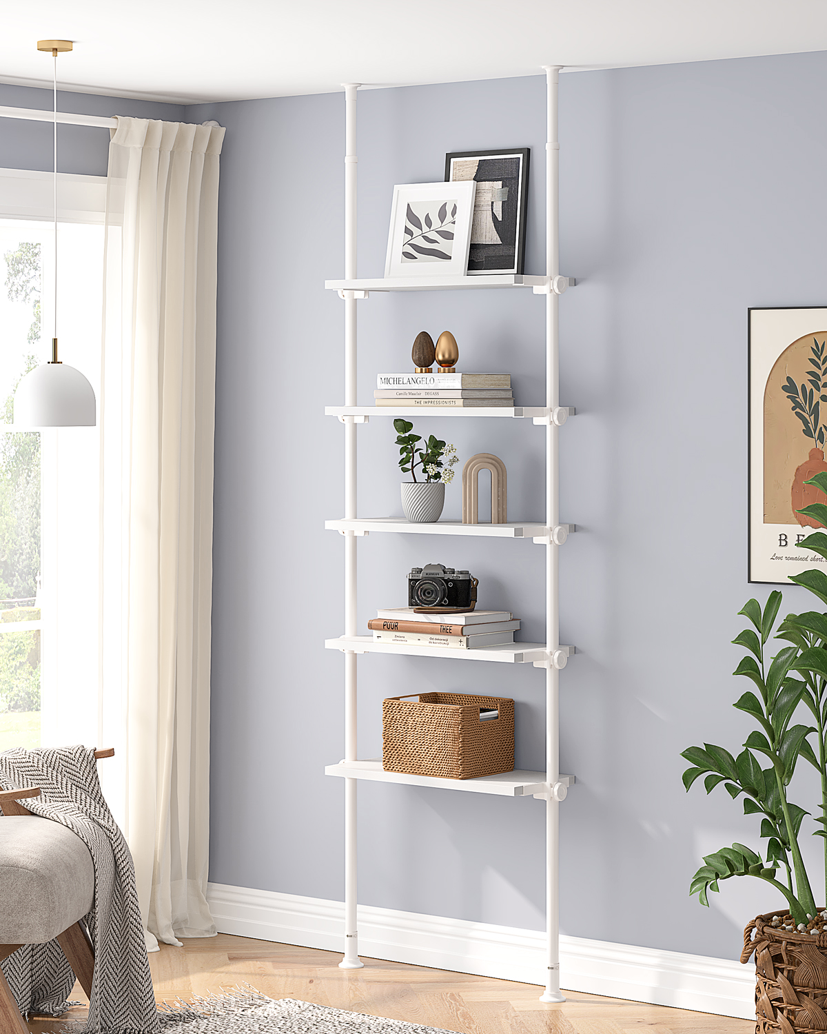 AZ07 5 Tiers Narrow Bookshelf with Adjustable Shelves, Tension Mount, Constructed of Metal Poles and Wood Shelves, Pole Fits 92 to 116 Inch Height