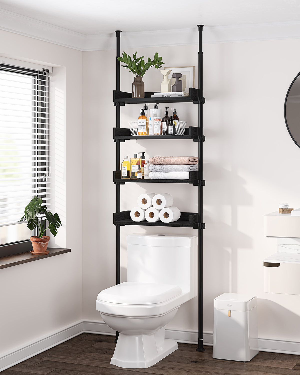 AZ05 4-Tier Over the Toilet Storage with Adjustable Shelves,Tension Mount, Constructed of Metal Poles and Wood Shelves, Pole Fits 92 to 116 Inch Height