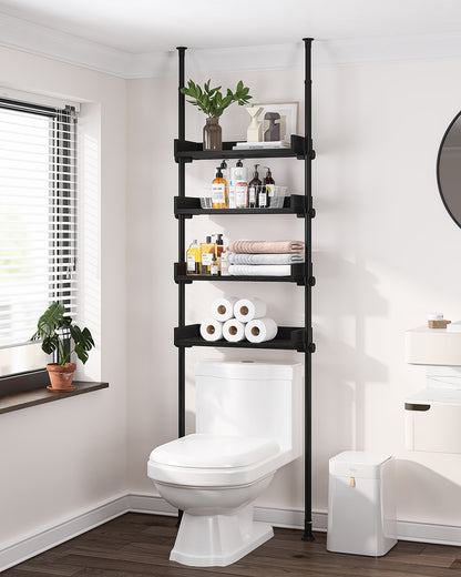 AZ05 4-Tier Over the Toilet Storage with Adjustable Shelves,Tension Mount, Constructed of Metal Poles and Wood Shelves, Pole Fits 92 to 116 Inch Height