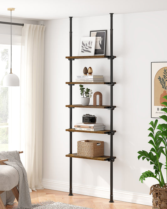 AZ07 5 Tiers Narrow Bookshelf with Adjustable Shelves, Tension Mount, Constructed of Metal Poles and Wood Shelves, Pole Fits 92 to 116 Inch Height