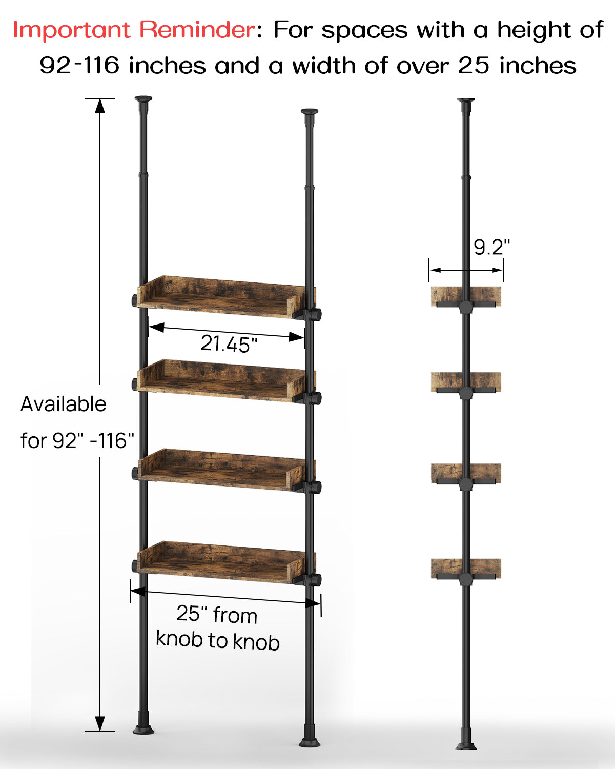 AZ05 4-Tier Over the Toilet Storage with Adjustable Shelves,Tension Mount, Constructed of Metal Poles and Wood Shelves, Pole Fits 92 to 116 Inch Height