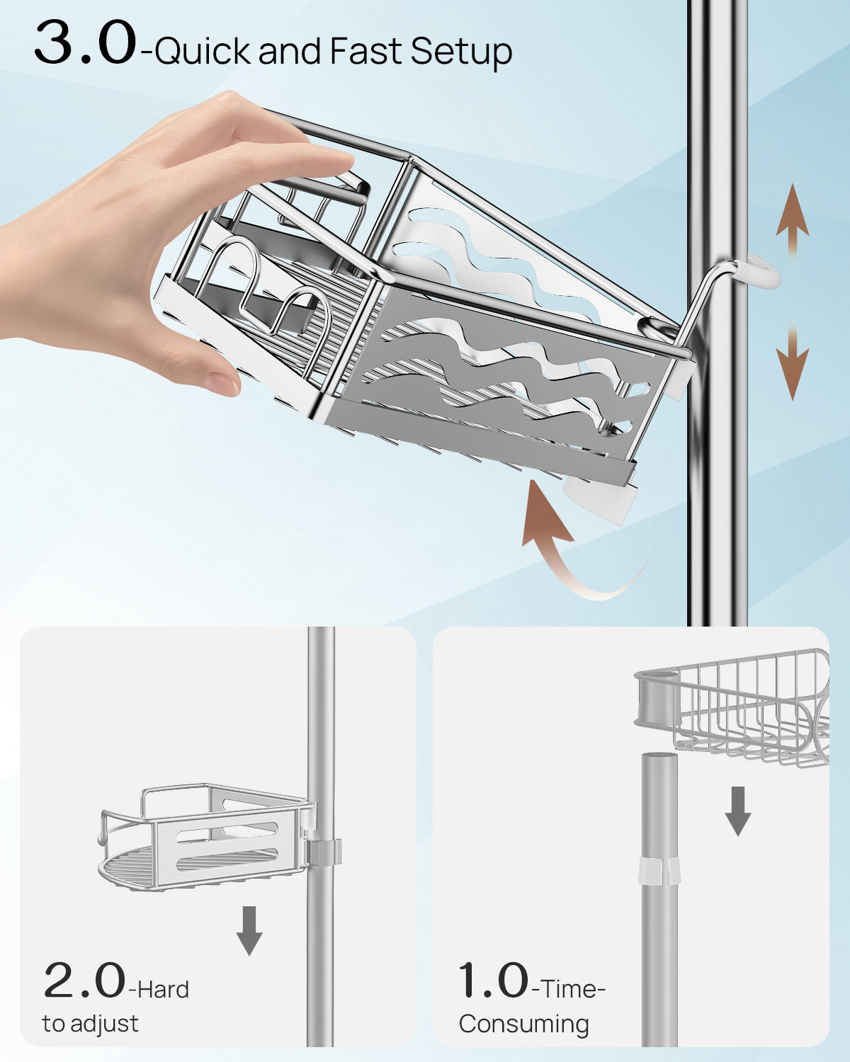 AZ16 Shower Caddy Tension Pole, Rustproof Stainless Steel Poles & 4-Tier Durable/Adjustable Shelves, Fit 34 to 116 Inch Height