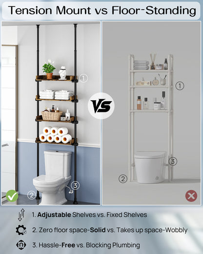 AZ05 4-Tier Over the Toilet Storage with Adjustable Shelves,Tension Mount, Constructed of Metal Poles and Wood Shelves, Pole Fits 92 to 116 Inch Height