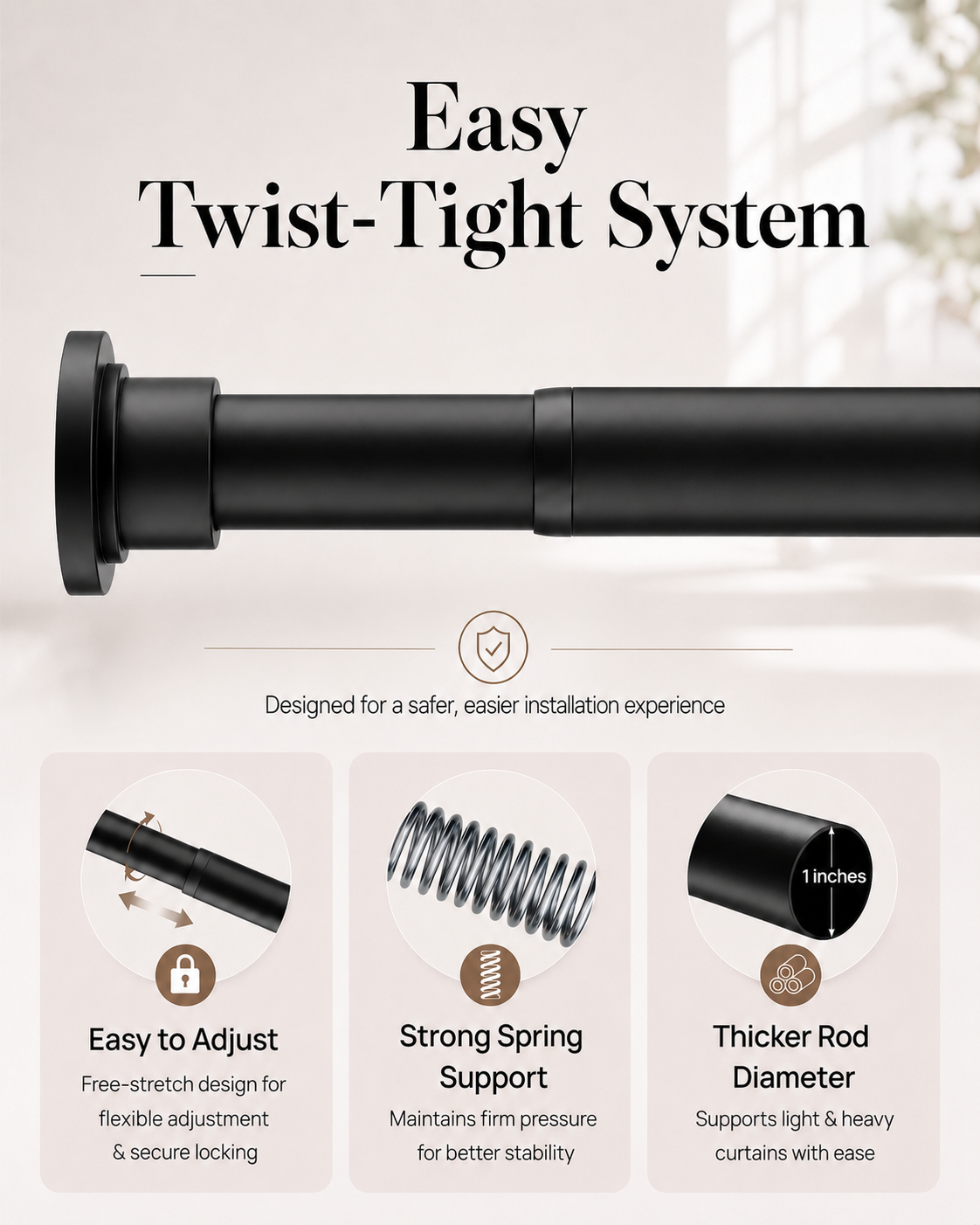 AZ01M Tension Rod for Shower Curtain, Window Curtain, 29 to 84 Inches, Spring Loaded,Stable and Anti-Slip