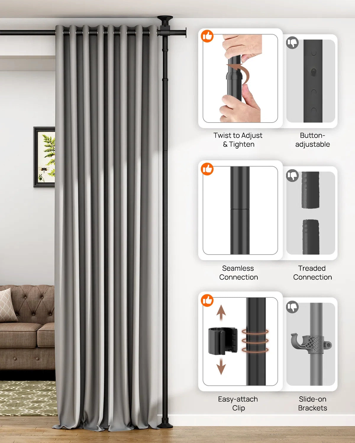 AZ15  Room Divider Curtain Rod, 63 to 130inch(H) & 31 to 83inch(W)