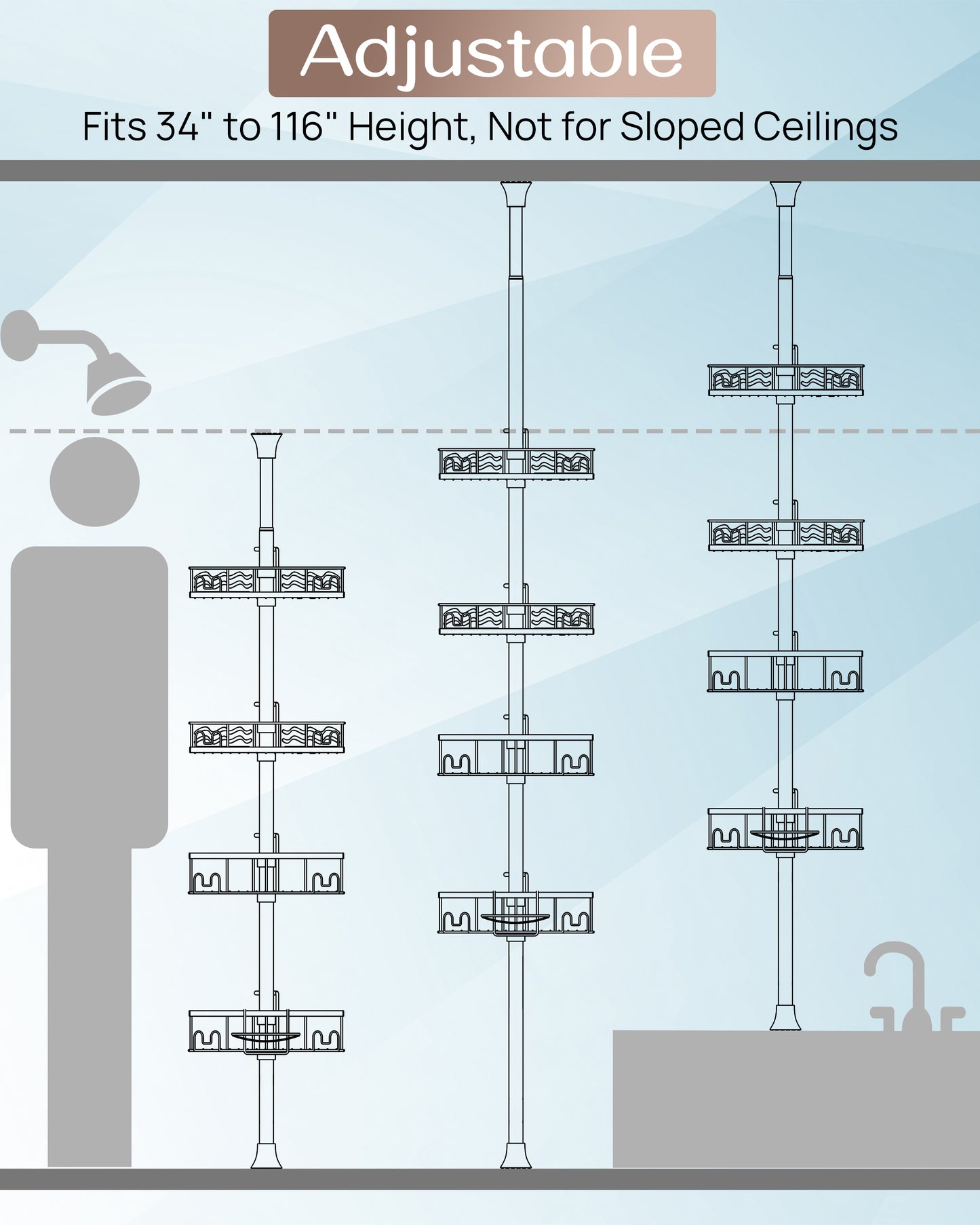 AZ16 Shower Caddy Tension Pole, Rustproof Stainless Steel Poles & 4-Tier Durable/Adjustable Shelves, Fit 34 to 116 Inch Height