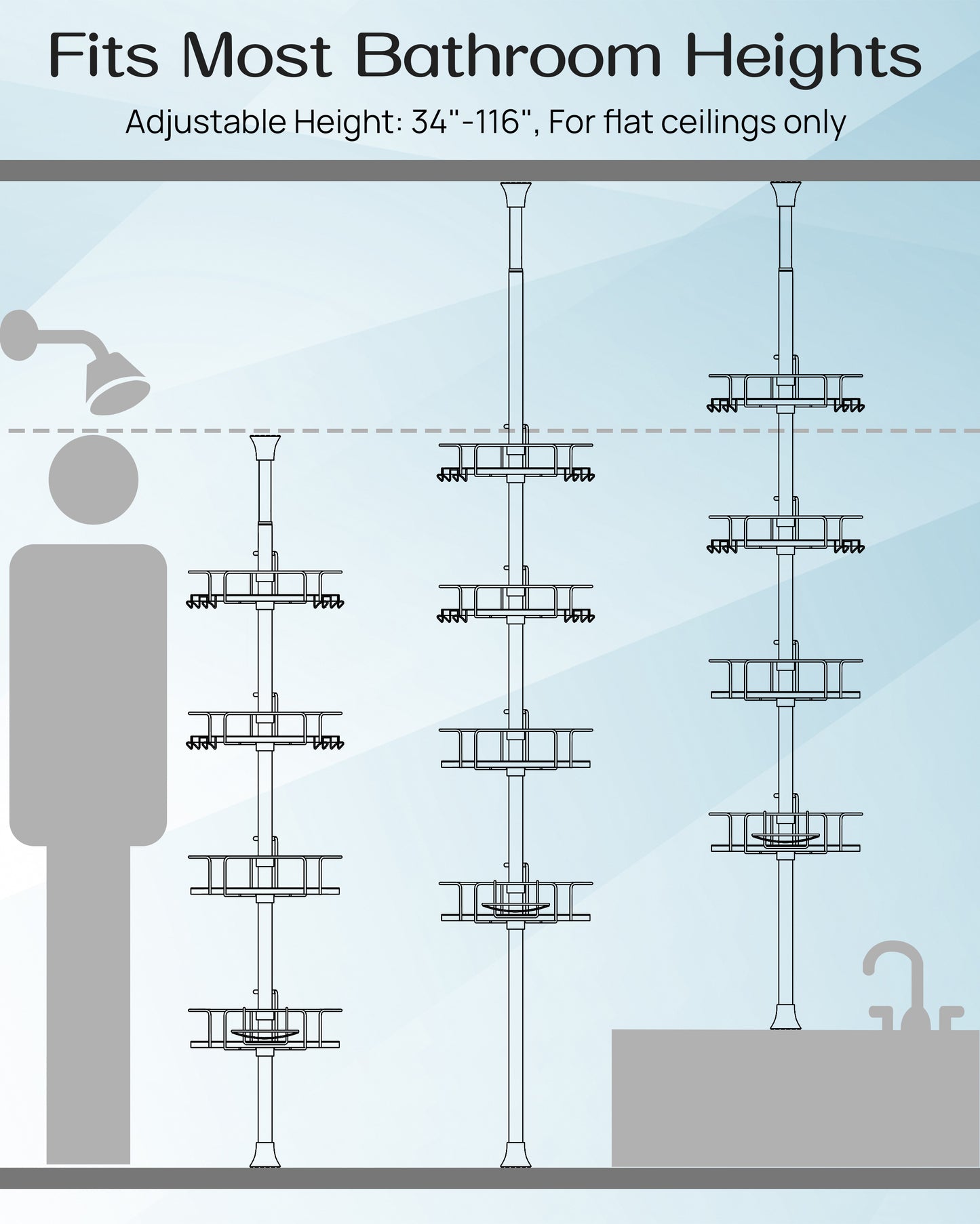 AZ18 Shower Caddy Tension Pole, Rustproof Stainless Steel Poles & 4-Tier Durable/Adjustable Shelves, Fit 34 to 116 Inch Height