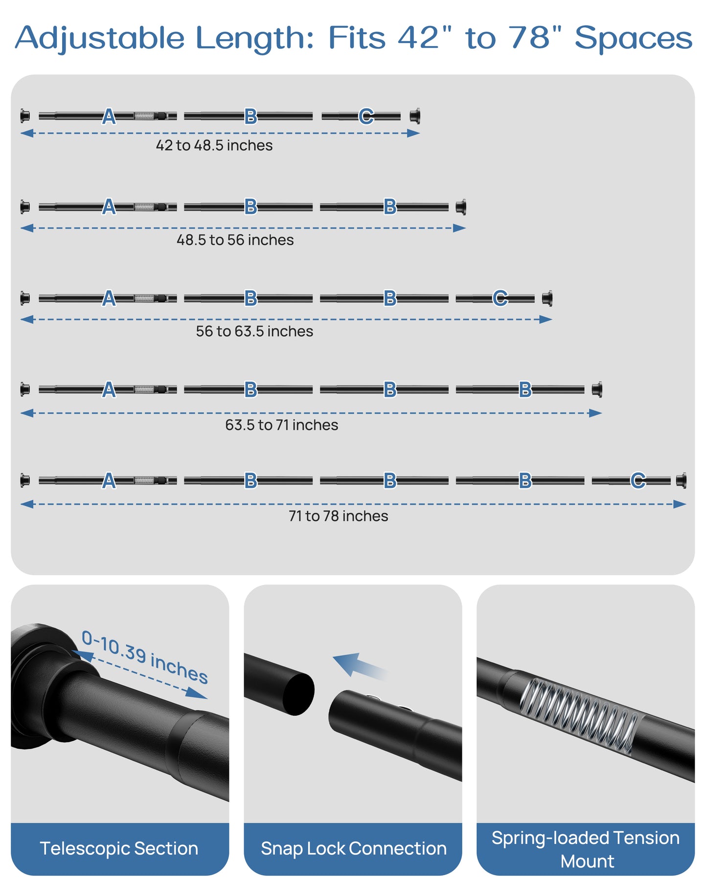 AZ02M Shower Curtain Rod 42-78 Inches for Bathroom