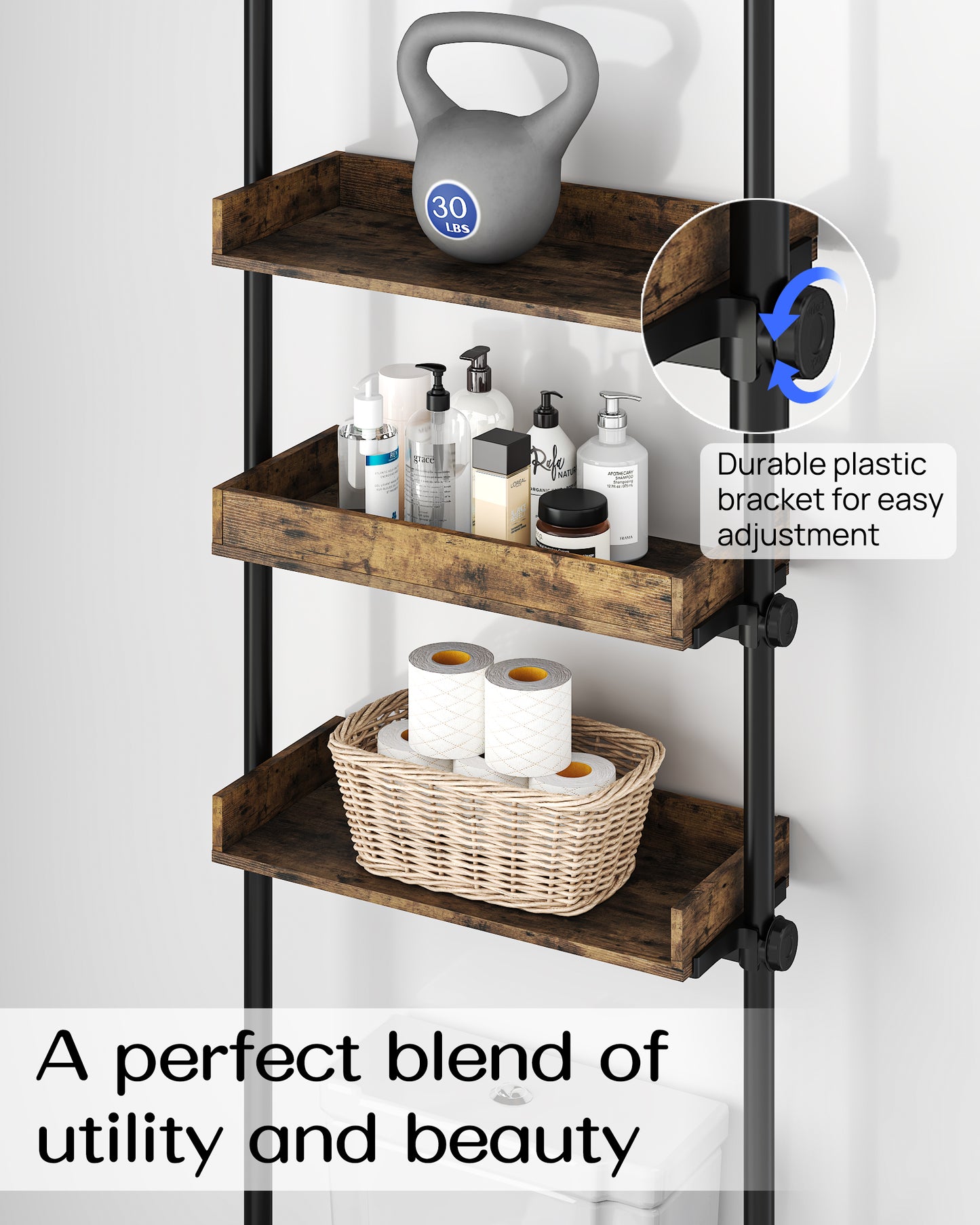 AZ05 4-Tier Over the Toilet Storage with Adjustable Shelves,Tension Mount, Constructed of Metal Poles and Wood Shelves, Pole Fits 92 to 116 Inch Height