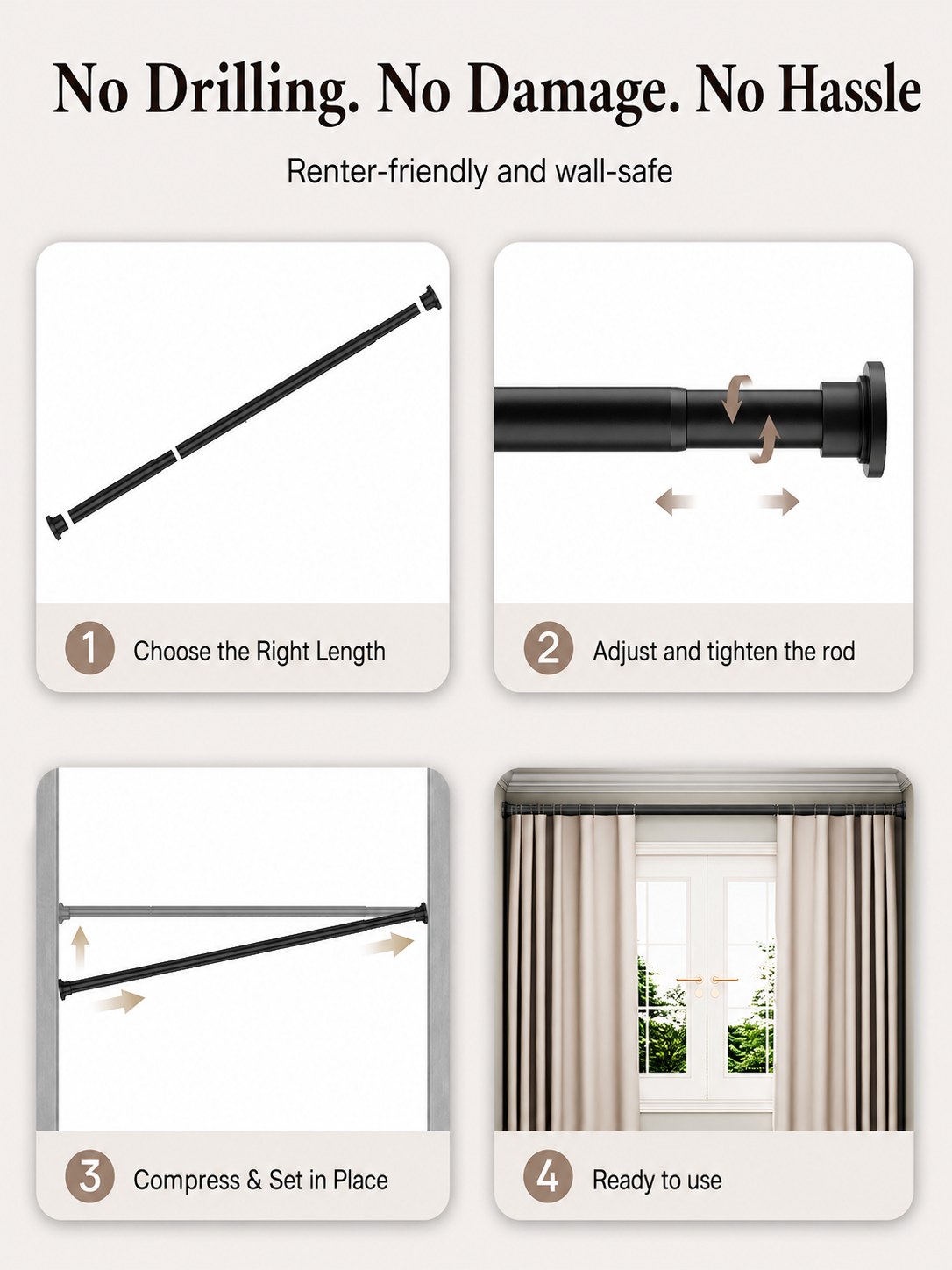 AZ01M Tension Rod for Shower Curtain, Window Curtain, 29 to 84 Inches, Spring Loaded,Stable and Anti-Slip