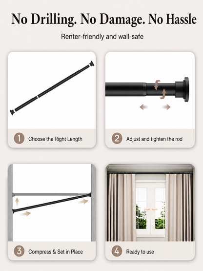 AZ01M Tension Rod for Shower Curtain, Window Curtain, 29 to 84 Inches, Spring Loaded,Stable and Anti-Slip