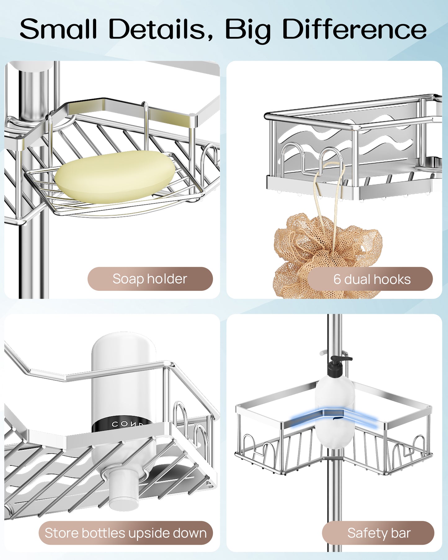 AZ16 Shower Caddy Tension Pole, Rustproof Stainless Steel Poles & 4-Tier Durable/Adjustable Shelves, Fit 34 to 116 Inch Height