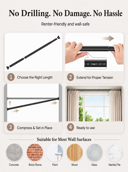 AZ01L Tension Curtain Rods for Windows,Room Divider,66 to 120 Inches,Drill-Free,Spring Loaded,Stable and Anti-Slip