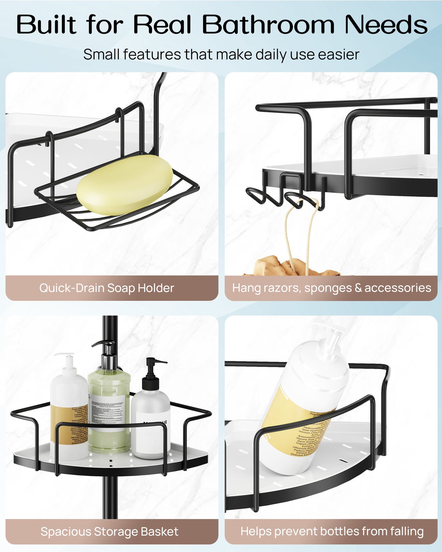 AZ18 Shower Caddy Tension Pole, Rustproof Stainless Steel Poles & 4-Tier Durable/Adjustable Shelves, Fit 34 to 116 Inch Height