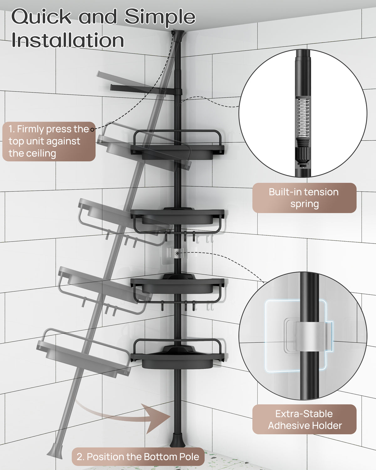 ALLZONE  Corner Shower Caddy Tension Pole for Shampoo Holder, Stainless Steel Rod