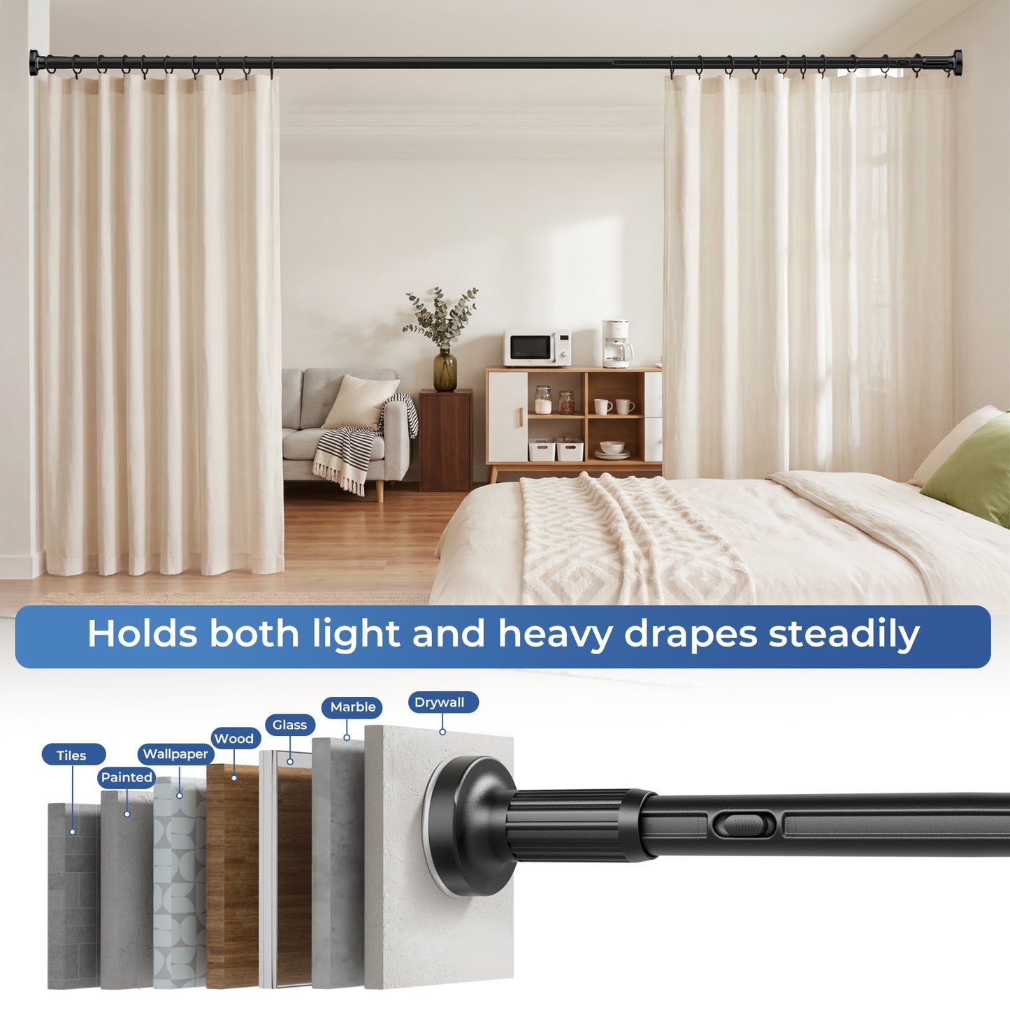 AZ19L ALLZONE Adjustable Tension Curtain Rod, 40-121 inches, Heavy Duty Curtain Rods No Drilling, Anti-Slip Tension Rod for Window, Shower, Outdoor & Patio, Easy to Install, 1.26In Diamete