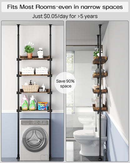 AZ05 4-Tier Over the Toilet Storage with Adjustable Shelves,Tension Mount, Constructed of Metal Poles and Wood Shelves, Pole Fits 92 to 116 Inch Height