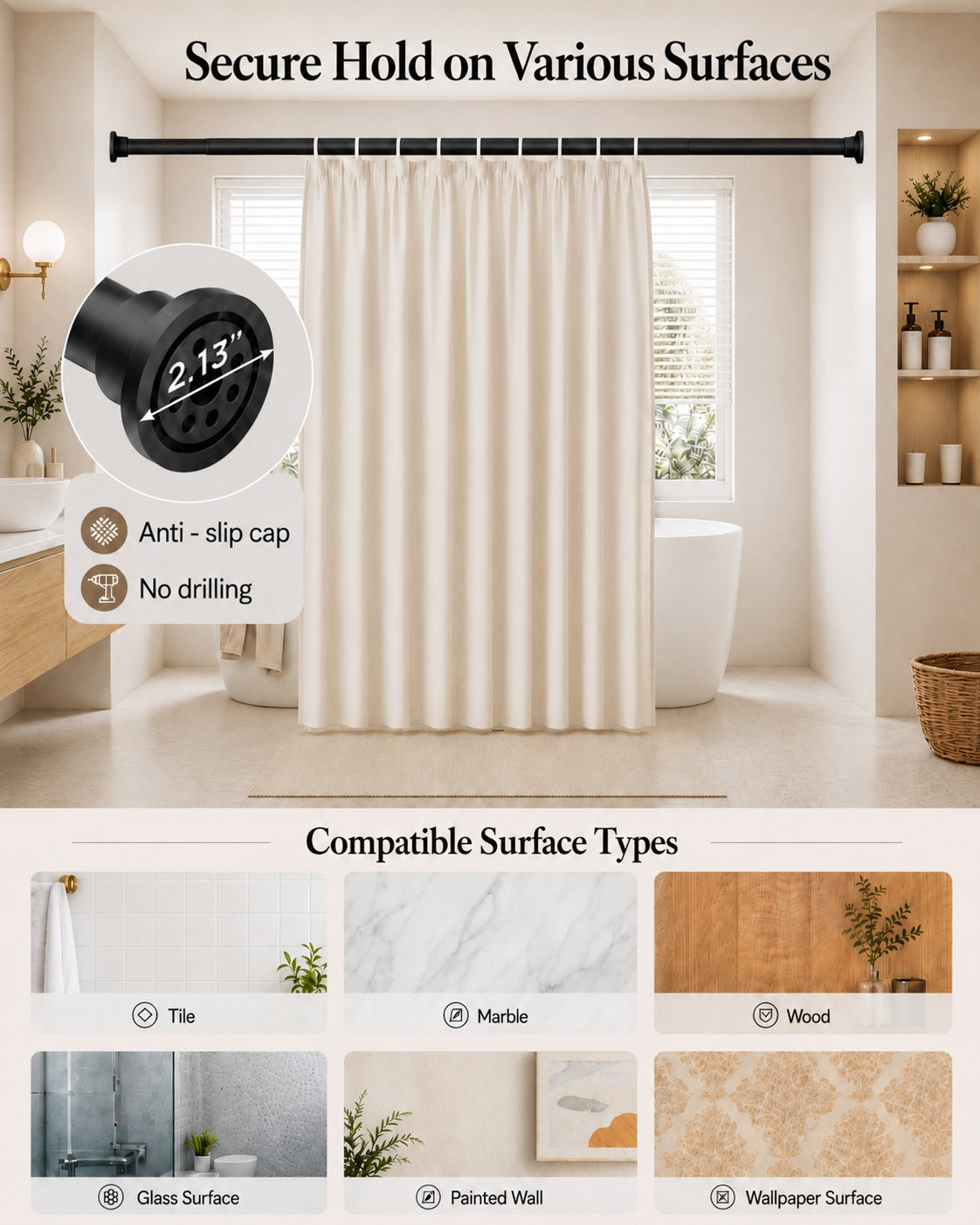AZ01M Tension Rod for Shower Curtain, Window Curtain, 29 to 84 Inches, Spring Loaded,Stable and Anti-Slip