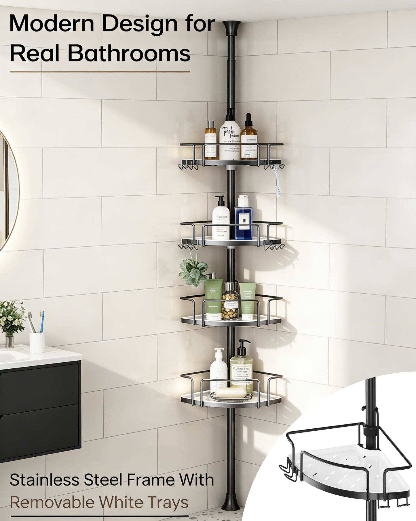 AZ18 Shower Caddy Tension Pole, Rustproof Stainless Steel Poles & 4-Tier Durable/Adjustable Shelves, Fit 34 to 116 Inch Height