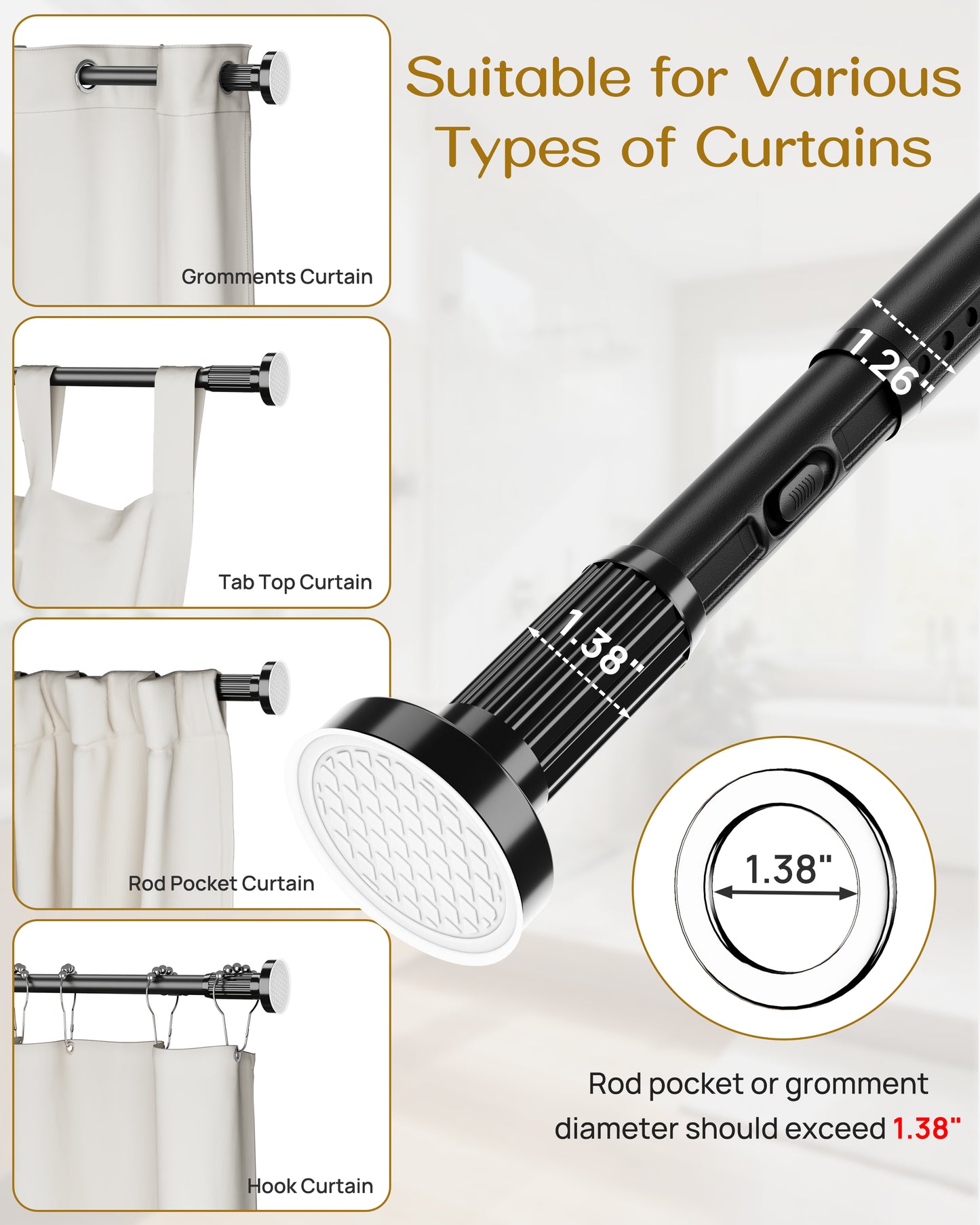 AZ19M Tension Rod for Shower Curtain, Window Curtain, 40 to 86 Inches