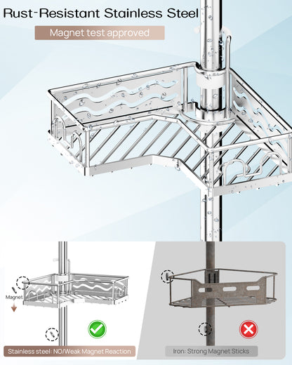 AZ16 Shower Caddy Tension Pole, Rustproof Stainless Steel Poles & 4-Tier Durable/Adjustable Shelves, Fit 34 to 116 Inch Height