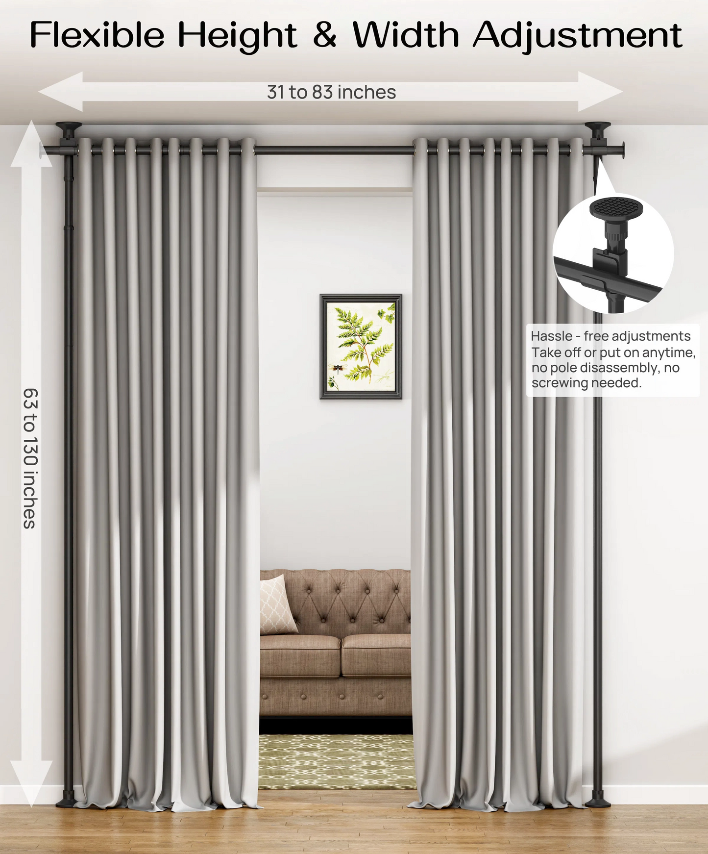 AZ15  Room Divider Curtain Rod, 63 to 130inch(H) & 31 to 83inch(W)
