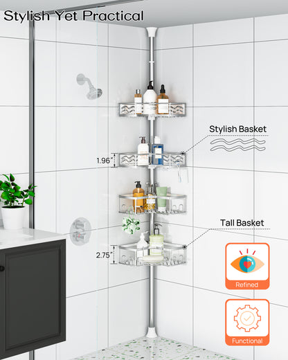 AZ16 Shower Caddy Tension Pole, Rustproof Stainless Steel Poles & 4-Tier Durable/Adjustable Shelves, Fit 34 to 116 Inch Height