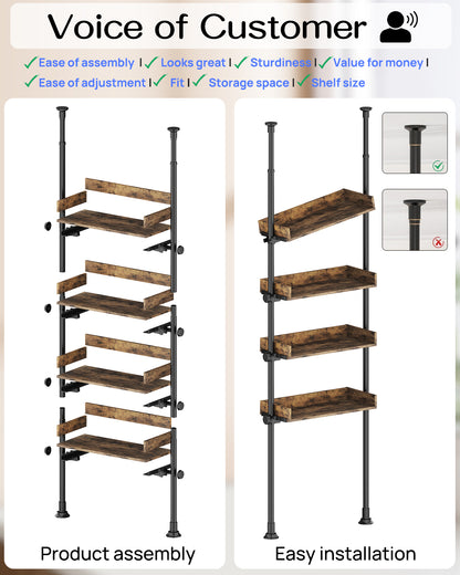 AZ05 4-Tier Over the Toilet Storage with Adjustable Shelves,Tension Mount, Constructed of Metal Poles and Wood Shelves, Pole Fits 92 to 116 Inch Height
