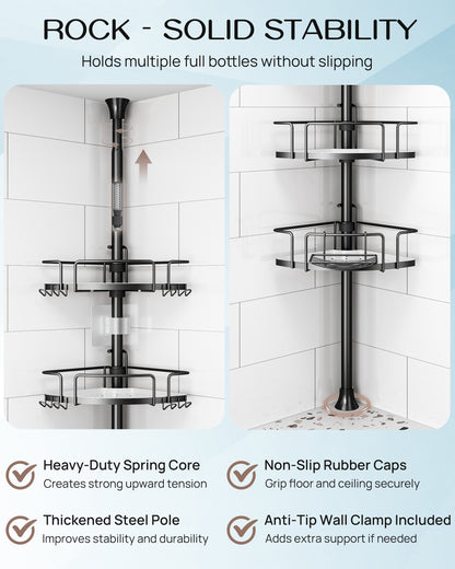 AZ18 Shower Caddy Tension Pole, Rustproof Stainless Steel Poles & 4-Tier Durable/Adjustable Shelves, Fit 34 to 116 Inch Height