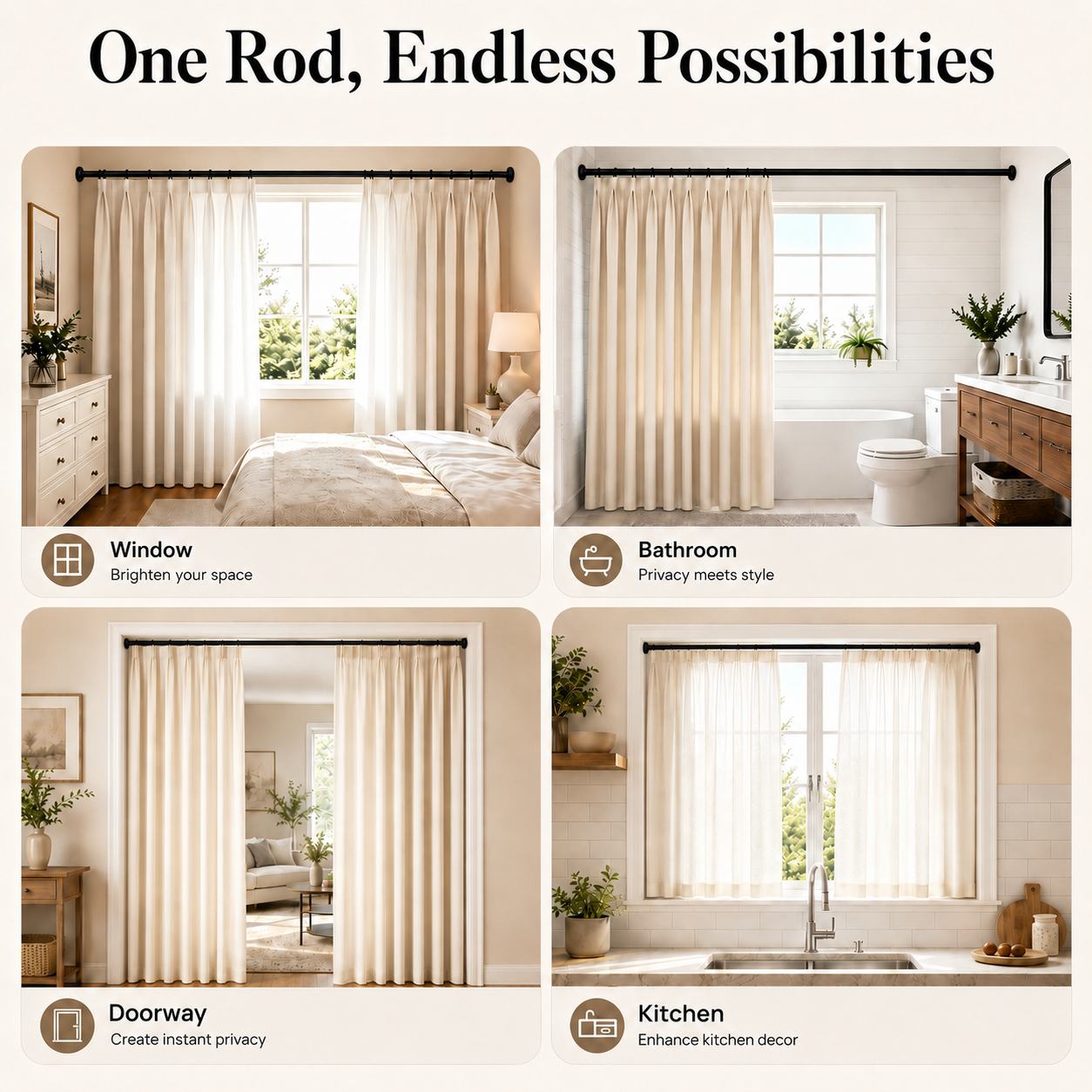 AZ01M Tension Rod for Shower Curtain, Window Curtain, 29 to 84 Inches, Spring Loaded,Stable and Anti-Slip
