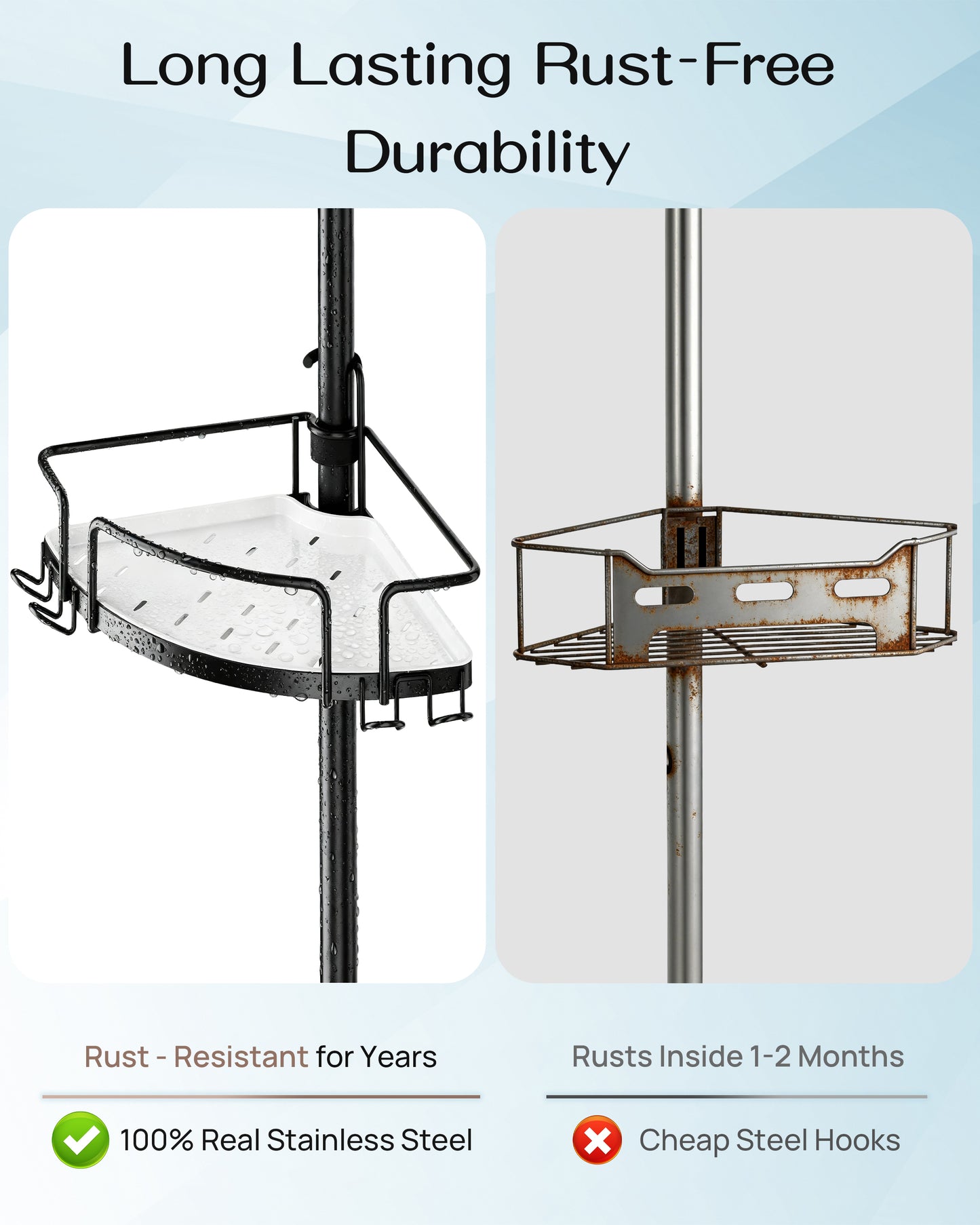 AZ18 Shower Caddy Tension Pole, Rustproof Stainless Steel Poles & 4-Tier Durable/Adjustable Shelves, Fit 34 to 116 Inch Height
