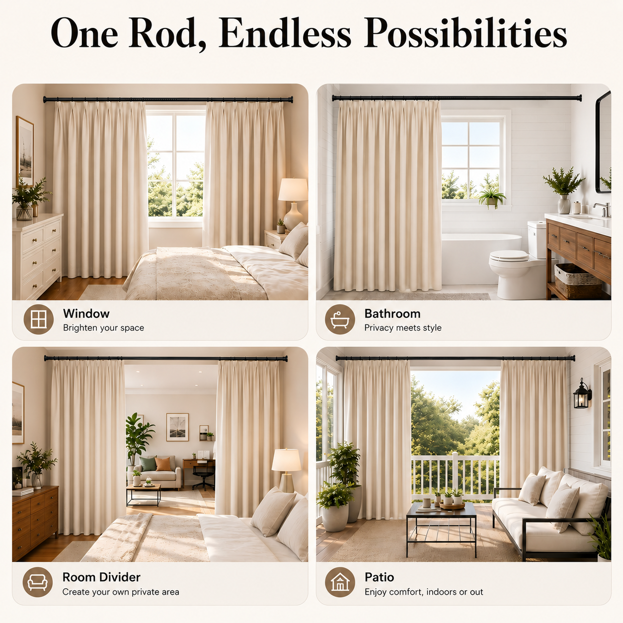 AZ01L Tension Curtain Rods for Windows,Room Divider,66 to 120 Inches,Drill-Free,Spring Loaded,Stable and Anti-Slip